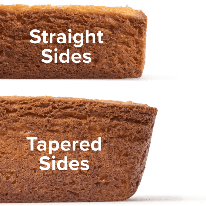 profiles of two brown cakes. one has straight sides (and a label that explains this) and the other has tapere sides (and a label that shows this.) 